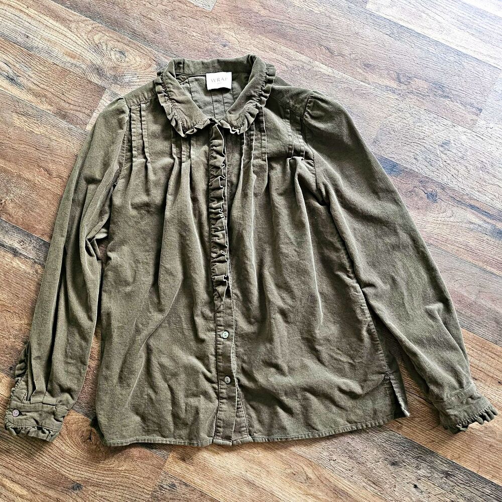 WRAP London Green Corduroy Ruffle Pleated Button-Up Collared Blouse XS ZW11